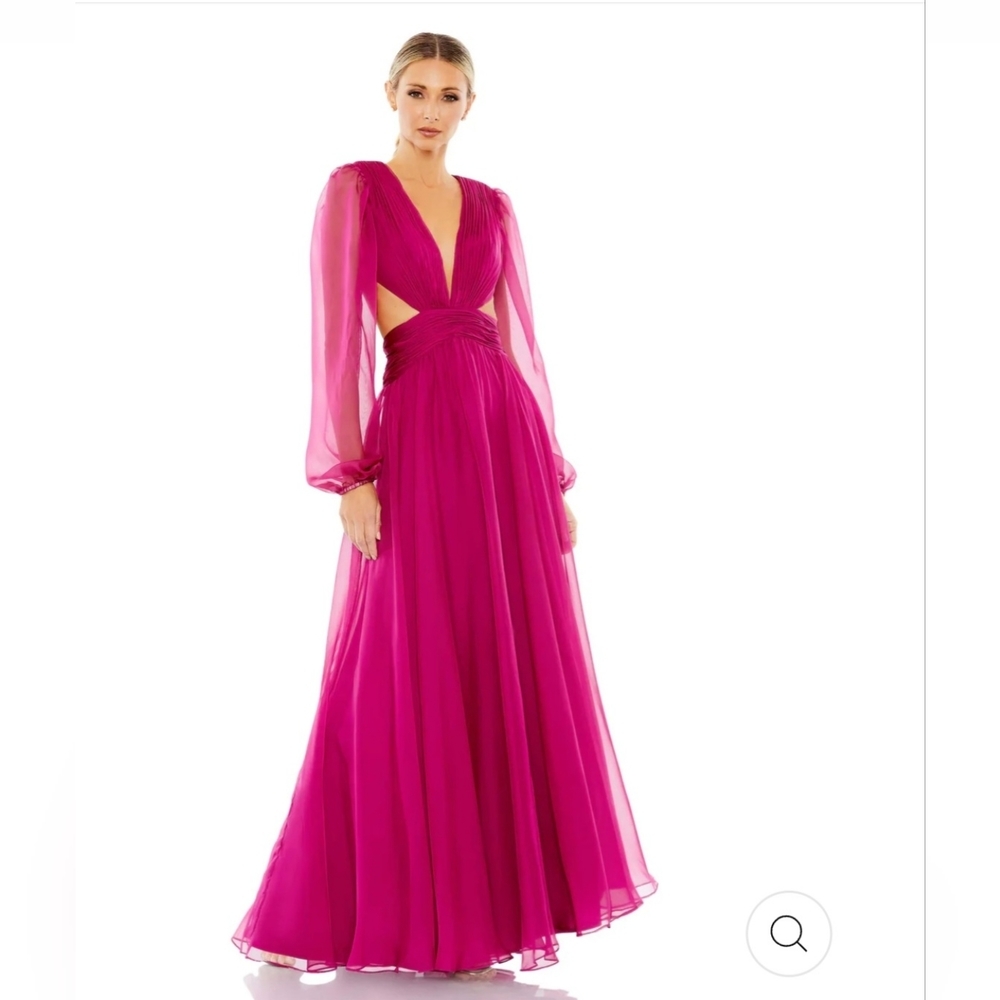 Mac Duggal by Ieena Ruched Cut Out Puff Sleeve A Line Gown